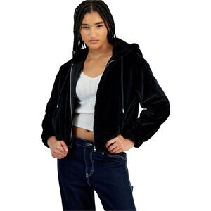 PLANET HEART Womens Cozy Faux Fur Hoodie Fleece Jacket, Black, NWT